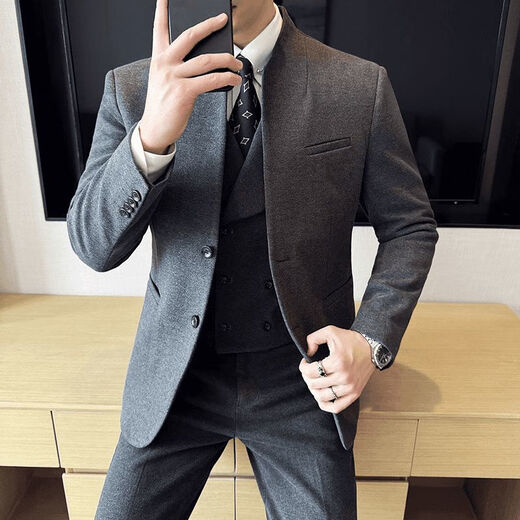 Playboy (PLAYBOY) improved Chinese tunic suit for men, autumn and winter new casual woolen stand collar Chinese casual suit for men, dark gray (suit + pants) 3XL