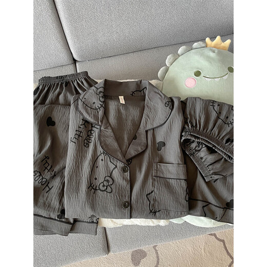 Catman Miiow2025 Neuer schwarzer grauer Höllen-Pyjamas für Frauen im Sommer im Sommer Pure Cotton Gaze Kurzärärmelte niedliche Heimkleidung Drei-teilige Set Yunduo Cotton-9905# Black Love Drei-teilige Set M [Vorschlag 75-100jin [Jin gleich 0,5 kg]]