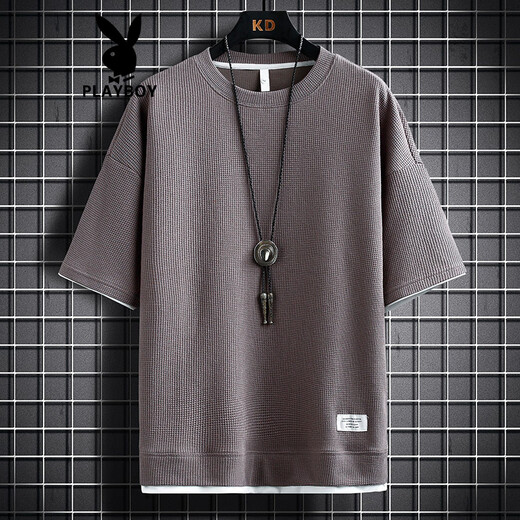 Playboy (PLAYBOY) Men's T-shirt Short Sleeve Summer New Fashion Fake Two-Piece Round Neck Loose Half Sleeve T-shirt Waffle Casual Top 3880 Orange M