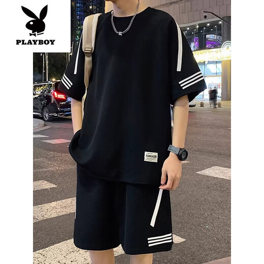 Playboy (PLAYBOY) casual sports suit men's 2025 summer short-sleeved T-shirt half-sleeved T-shirt teenager a set of clothes handsome match FKS653 black M [90-110Jin [Jin equals 0.5 kg]]