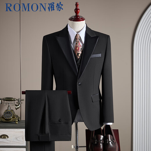 ROMON suit + vest + trousers suit suit men's professional formal wedding dress wool jacket black XL