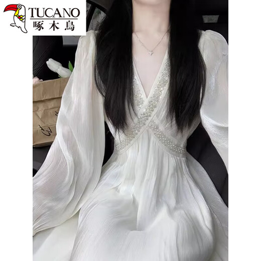 
Woodpecker Tea Break French Beautiful White Chiffon Long Sleeve Dress Fairy Autumn Feeling Beach Long Dress Dress [Princess Dress/Minn Mambo Style/Gentle Style S