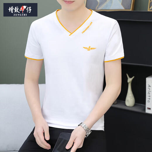 增致牛仔（ZENGZHI）夏季男士短袖t恤纯棉v字领潮流修身半截袖青年休闲上衣服薄款汗衫 黑色 QY693 M