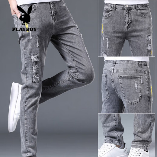 Playboy (Playboy) Jeans Slim Feet Pants de hombres rasgados de moda de moda