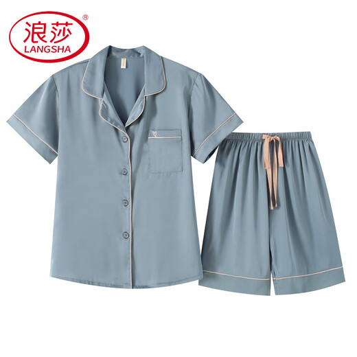 浪莎轻奢短袖短裤睡衣女式高端新款夏天纯色真绸缎套装薄款休闲家居服 3899浅灰 L (体重99到108)