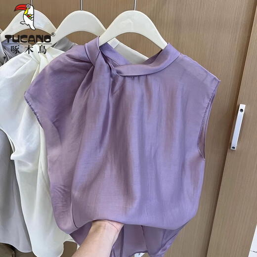 Woodpecker Ice Silk Niche Design Beautiful Sleeveless Shirt Women's Summer Korean Style Sweet Temperament French Top 6160-Purple XL Recommended 115-125Jin Jin equals 0.5 kg