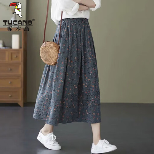 啄木鸟文艺复古民族风小碎花半身裙2025新款大码女装印花中长款a字裙夏 复古蓝灰小碎花 L 建议80-100斤