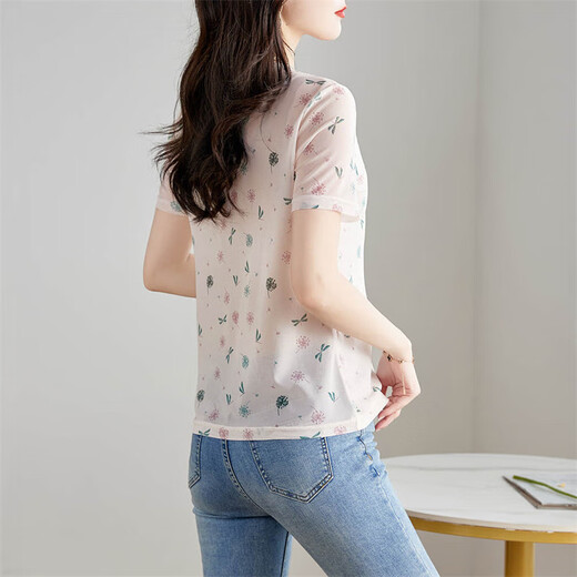 Shangjing T-shirt à manches courtes pour les femmes en été des vêtements pour femmes de nouveau style, style mature léger, t-shirt imprimé de cou de cou rond romantique pour femmes