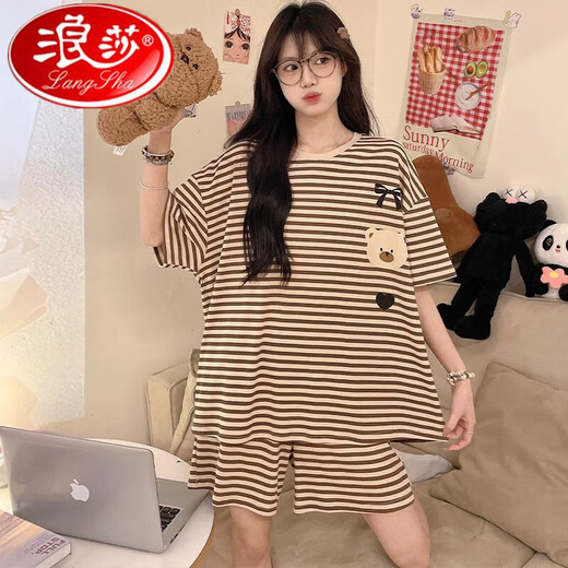 Langsha Pajamas para mujeres en el verano delgado de manga corta nueva oso nuevo set de dos piezas Cartoon Girl College Student Ropa para el hogar se puede usar fuera de 691 Patrón negro Bear L tamaño [peso 90-110Jin [Jin iguala 0.5 kg] Tamaño promedio