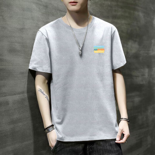 
RVFAN men's short-sleeved T-shirt in summer solid color youth fashion loose round neck pullover casual versatile base shirt large size T733 gray XL