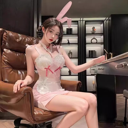 ROSELEX珍珠内裤男士丁字裤黑丝战袍情趣衣服方便老公吃黑丝裸感变态吊带 兔女郎【发箍+连衣裙+兔尾+T裤+围裙】 S【80-95斤】
