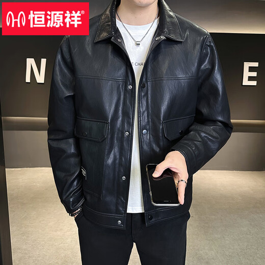 Hengyuanxiang Men's Leather Jacket Spring 2026 New American Fashion Brand Casual Lapel Men's Pilot Motorcycle Leather Jacket Brown XL