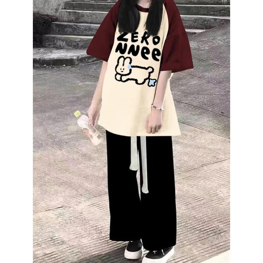 HUALIN FASHION高中初中生短袖套装时尚休闲两件套1315岁女孩夏季广州十三行 [两件套]8242#黑白短袖+黑长裤 S [建议80-90斤]