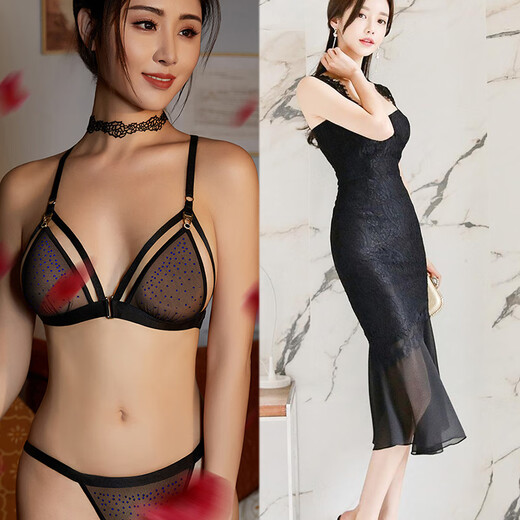 维多利亚宫廷情趣内衣 性感纯欲舒适文胸烫石三角杯T裤超薄透明诱惑内衣套装 文胸+丁字裤+颈链（配饰） M