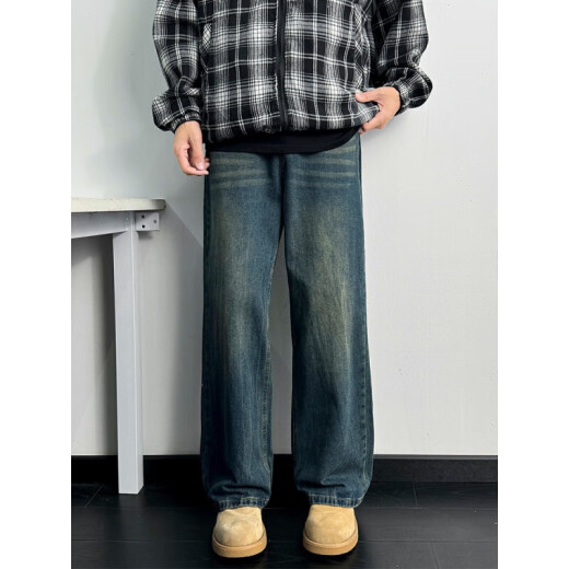 
ZENGZHI Retro Blue Wide Leg Jeans Men's Spring New Loose Straight Pants 2025 American High Street Vibe Casual Pants Black Gradient 1049 M