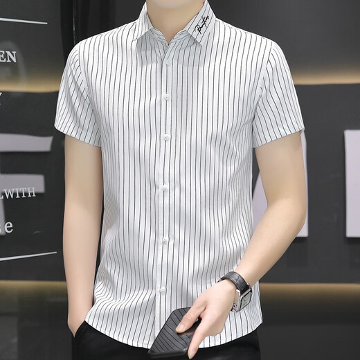 HUALIN FASHION夏季条纹短袖衬衫韩版休闲百搭帅气半袖衬衣内搭寸衫 ST838黄色 M 90-105斤穿