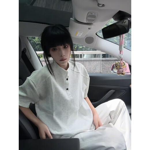 Shelley Jones Gray Henley Collar Right Shoulder Short Sleeve Polo Shirt Men's Summer American Retro High Street T-Shirt Heavy Splicing Half Sleeve Light Gray 2XL Recommended 140-160Jin Jin equals 0.5 kg