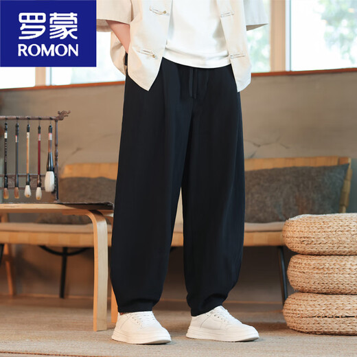 Romon Leinen Casualhose Herrenhosen Chinesische Marke Cotton Leinen Bloomer Fett lose Hosen Weitbein Hosen Khaki + Gray M.