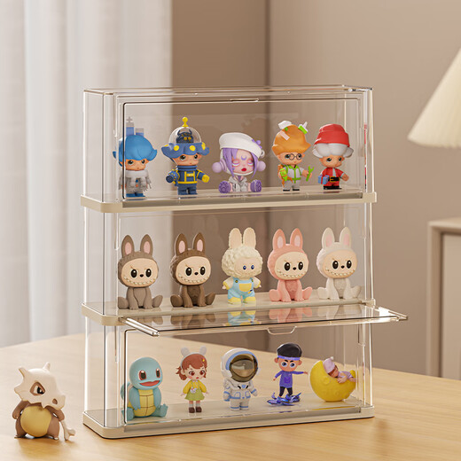JOKOOAN blind box storage box suitable for Bubble Matera cloth figure display box cute pendant superimposed transparent dust box open door model cream color three pack
