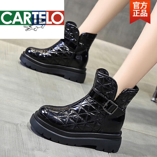 卡帝乐鳄鱼（CARTELO）高档雪地靴女2025秋冬季新款加绒加厚棉鞋百搭厚底内增高休闲防滑 黑色 36