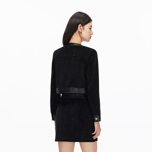 VEROMODA Leather Women's 2025 Autumn New Round Neck Leather Overlock Stitching Short Jacket New Year's Eve Black S