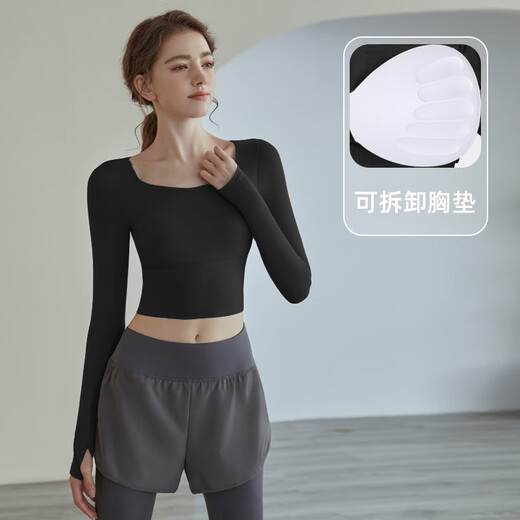 Bright dip fitness wear long sleeves with chest pad yoga T-shirt short internet celebrity running tight Pilates training sports top for women Berry Purple S