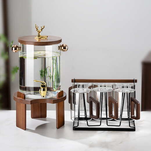 Flower language four seasons high borosilicate glass cold water kettle, high temperature resistant cold water bucket household set, large capacity solid wood lid with faucet beverage bucket, wooden lid bucket 3.6L + base