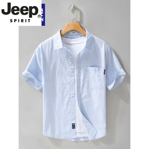 
JEEP SPIRIT high-end men's pure cotton short-sleeved shirt Japanese casual summer thin striped shirt new trendy splicing top 9740 black 3XL