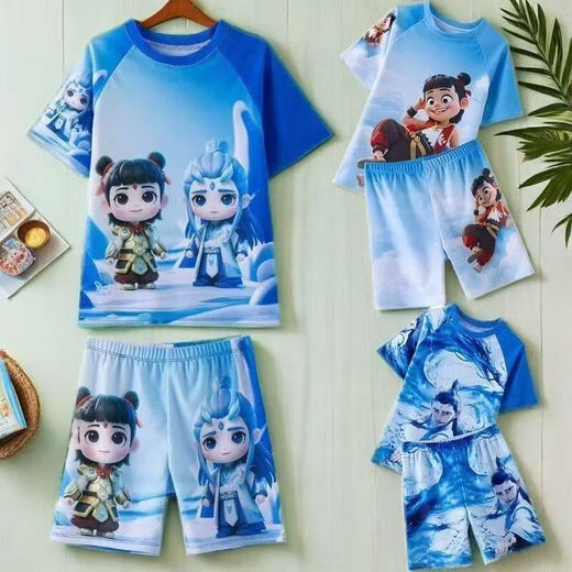 2025 New Nezha Demon Boy Naohai Cartoon Children's Swimsuit Boys Split Quick-Drying Sunscreen Swimsuit Set Trendy 8996 Blue Three-piece Set Pair 100
