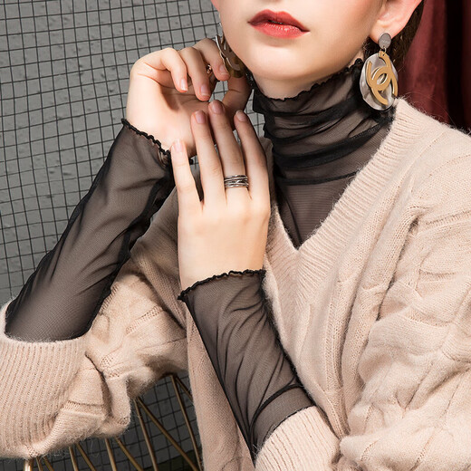 Slim high collar inner long sleeve lace bottoming shirt for women summer thin fairy mesh top white fungus edge T-shirt black XL weight 120Jin Jin equals about 0.5 kg