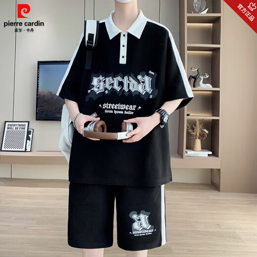 皮尔卡丹（pierre cardin）青少年短袖t恤12-15岁男孩衣服13初高中学生POLO衫14大童夏装套装 6629黑色(短袖+短裤) 品质保证 XL 130-145斤左右