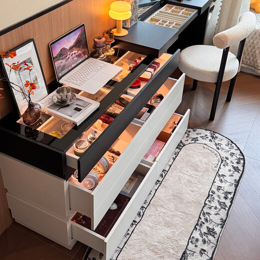 E home charm Italian light luxury flip dresser and drawer integrated bedroom bedside cabinet modern simple storage bedside cabinet dresser flip-up hidden mirror + touch sensor light warm white bull socket + concealed lock 1.2m dresser + 1.2m six drawer cabinet + makeup chair