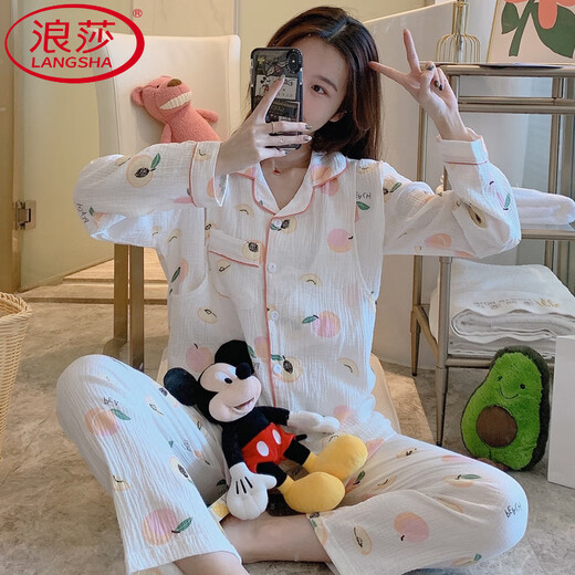 浪莎（LangSha）月子服夏季薄款纯棉纱布产后透气吸汗春秋哺乳孕妇睡衣可调节全棉 艾A1047和服黄色小菊花 M 建议85-100斤】