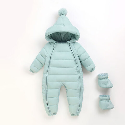 Baby winter clothing, newborn jumpsuit, autumn and winter thickened New Year's Eve baby outing clothes, New Year's greetings clothes set, with footmuffs, green, thickened style + shoes 90cm