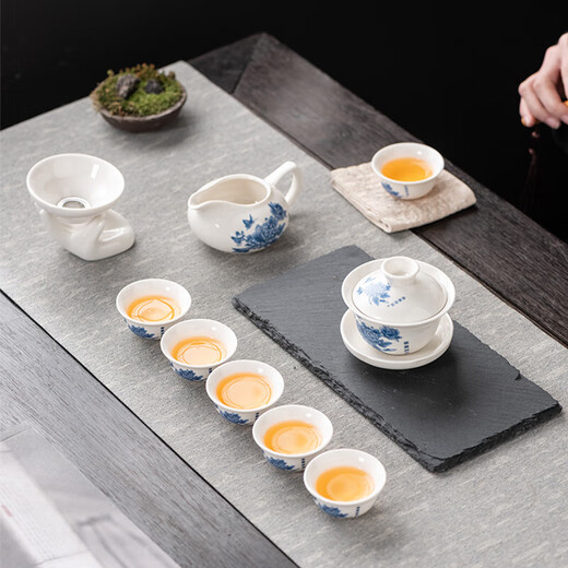 Sancai Gaiwan Kungfu Tea Set Blue and White Ceramic Home Tea Maker Complete Set Office Simple Tea Cup 10 Jade Porcelain-Blue and White Peony-Gaiwan Six Cups