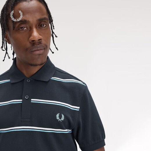 Fred PerryFREDPERRY Men's Casual POLO Shirt 2025 Summer Lapel Double Striped Wheat Ear Embroidered Short Sleeve M9905 Navy NYX L