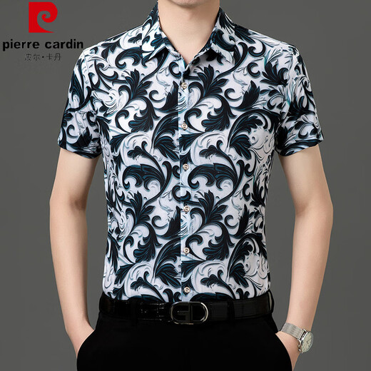 皮尔卡丹（pierre cardin）父亲节夏季宽松短袖印花衬衫男桑蚕丝半袖免烫花衬衣休闲中年爸 父亲节礼物纯-Y81-9898黑色 M 165【100-120斤】