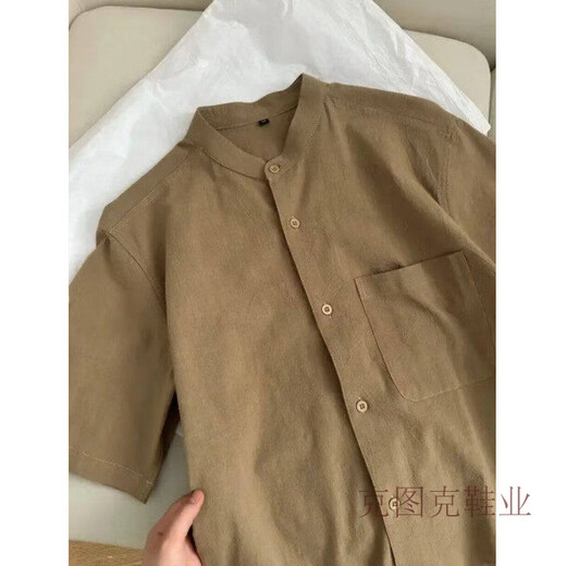 Ketuk new Chinese style cotton and linen textured short-sleeved shirt for men and women Henry collar cardigan shirt summer retro lazy jacket black L