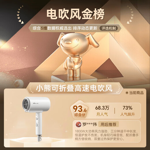 Bear Hair Dryer Negative Ion Hair Dryer Home Hair Dryer High Power Student Dormitory Low Power Portable Folding Birthday Gift for Girlfriend and Wife Recommended National Subsidy