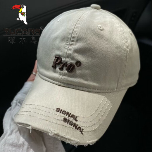 Woodpecker American old-fashioned retro hole soft-top baseball cap for women Korean style fashionable embroidery face-showing duck tongue hat for men trendy brand beige-pro letter M adjustable