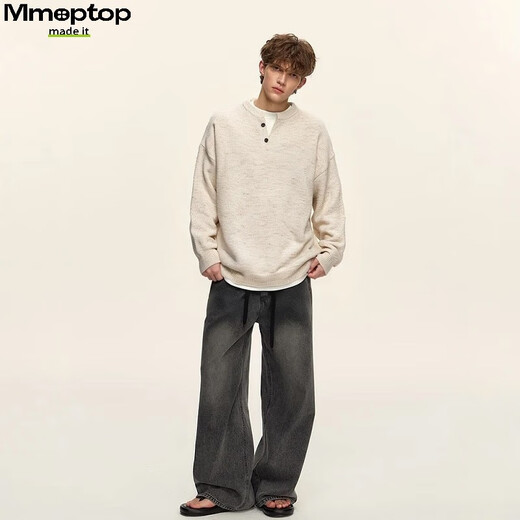 MMOPTOP relaxed henley collar pullover sweater autumn and winter men's coat containing sheep wool sweater MMY17 oatmeal gray L