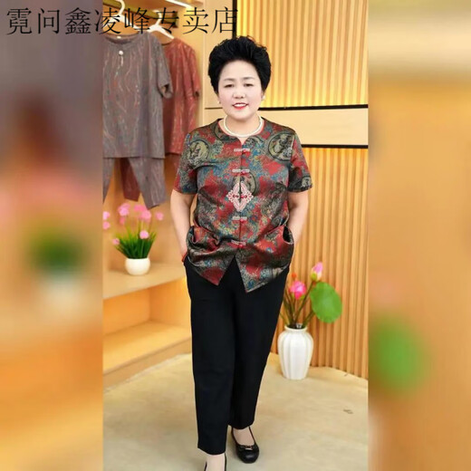 霓问晚年之美妈妈装中老年人女装奶天衬衫短袖套装老人衣服宽松套装MR T6627红色【套装】 XL