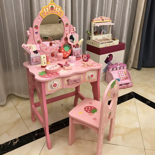 儿童梳妆台女孩过家家玩具公主化妆台化妆品套装3-5-6岁生日礼物 中号73高+凳子+理发套