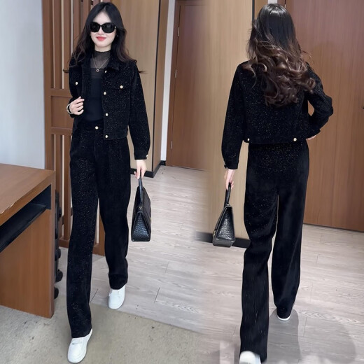 酷章（KUZHANG）洋气减龄运动服套装女2025深春时尚小个子显高短外套阔腿裤两件套 6198#黑色春秋款 M 建议100斤内
