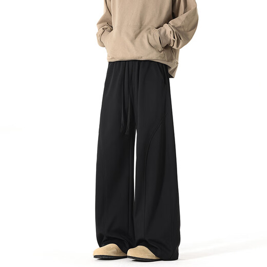 Homlean American solid color sports casual pants for autumn men's simple fashion loose straight wide leg long pants JX15 black XL
