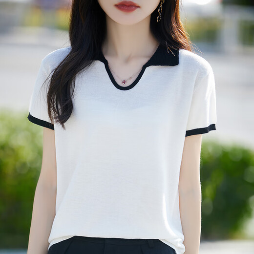 Li Yinu Sang Silk Selk T-shirt Cardigan à manches courtes pour femmes 2025 Fashion Summer Skin Friendly Wool V-col