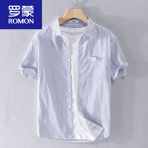 Romon-Männer gestreiftes Kurzarmhemd Japanisch Lose dünne Tops Sommer-Freizeitkleidung Trendy Vielseitiges Hemd Neues Produkt 9740 Weiß 3xl 155jin [Jin gleich 0,5 kg]