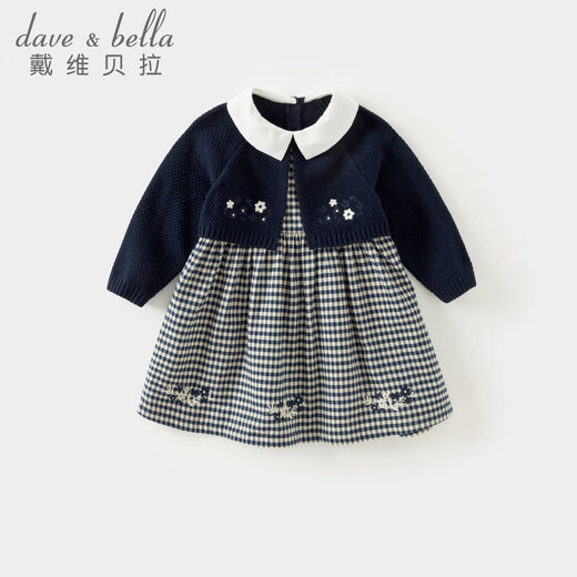 DAVE&BELLA children's sweater dress spring new style girls fake two-piece knitted skirt baby girl skirt princess dress navy blue ready in stock 90 cm (recommended height 80-90cm)