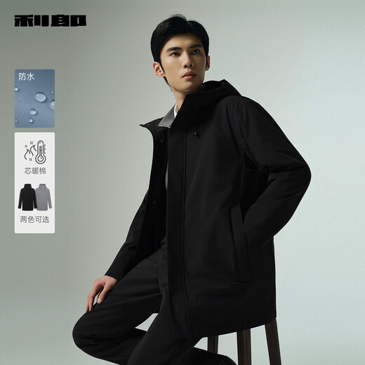 Lilang Waterproof Core Warm Cotton Windbreaker Men's Jacket Hooded Autumn Commuting Business Men's Windbreaker Medium Long Style 25 New Black (G5QFY3012Y) XL 175/92A