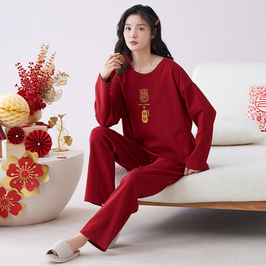 Palando Women's Pajama Set Wedding Festive Home Suit 2025 Spring and Summer Pure Cotton Red Native Year Round Can Wear Outer Pajamas Pa-QM 9227 Women XL Pa-(Female)